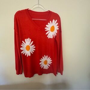 Laurie Felt Vibrant Red Knit Daisy Sweater XS